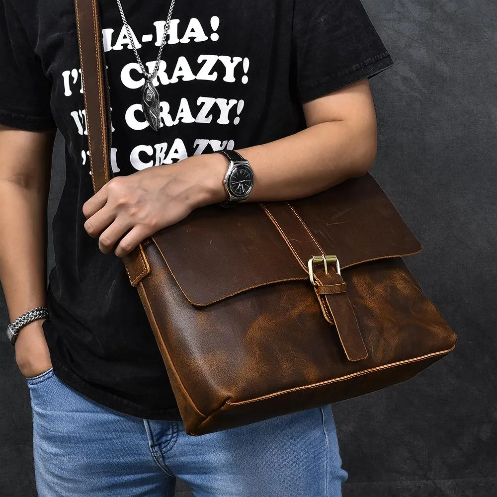 Vintage Leather Mens 13???? Brown Side Bag Messenger Bag Courier Bag For Men
