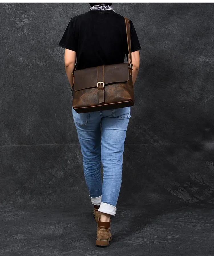 Vintage Leather Mens 13???? Brown Side Bag Messenger Bag Courier Bag For Men