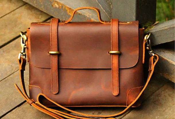 Vintage Leather Mens Messenger Bag Briefcase Side Bag Brown Work Bag Business Bag For Men
