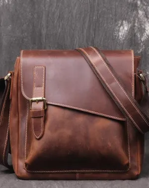 Vintage Leather Men's Small Side Bag Vertical Messenger Bag Shoulder Bag For Men