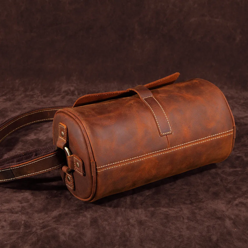 Vintage Leather Small Barrel Messenger Bag Shoulder Bag For Men