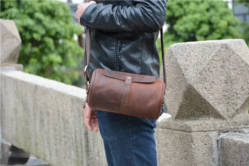 Vintage Leather Small Barrel Messenger Bag Shoulder Bag For Men
