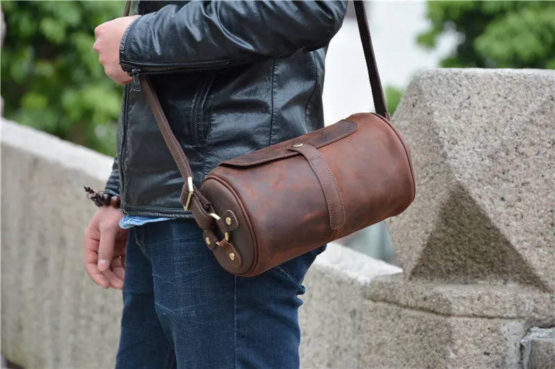 Vintage Leather Small Barrel Messenger Bag Shoulder Bag For Men