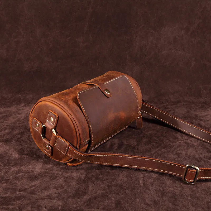 Vintage Leather Small Barrel Messenger Bag Shoulder Bag For Men