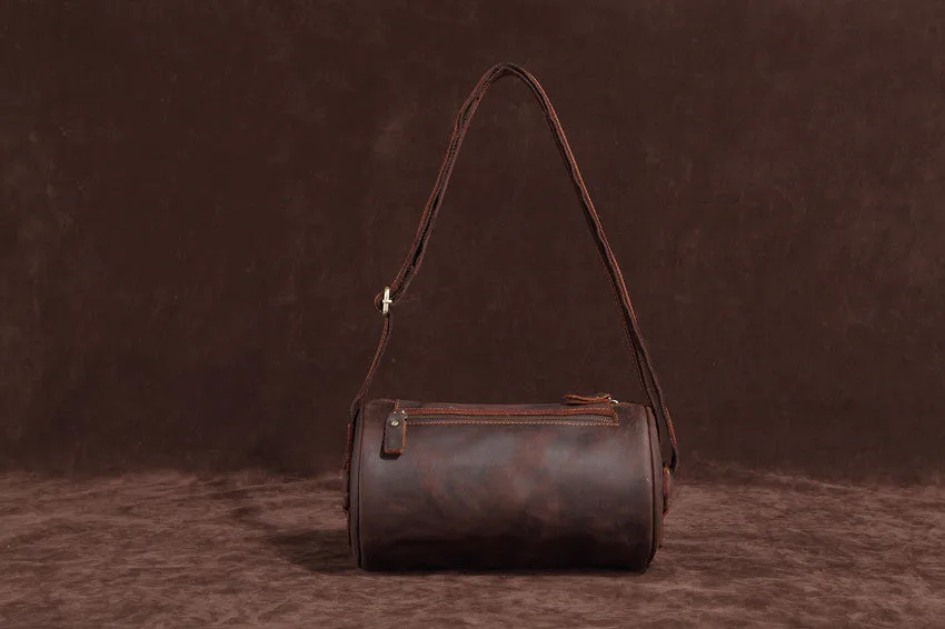 Vintage Leather Small Barrel Messenger Bag Shoulder Bag For Men