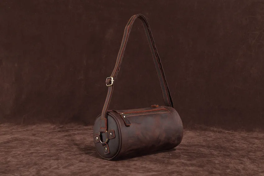 Vintage Leather Small Barrel Messenger Bag Shoulder Bag For Men