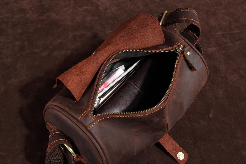 Vintage Leather Small Barrel Messenger Bag Shoulder Bag For Men