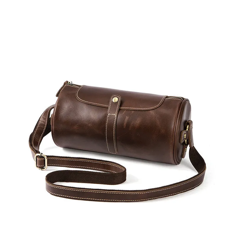 Vintage Leather Small Barrel Messenger Bag Shoulder Bag For Men