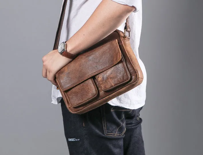 Vintage Leather Small Messenger Bag Shoulder Bag For Men