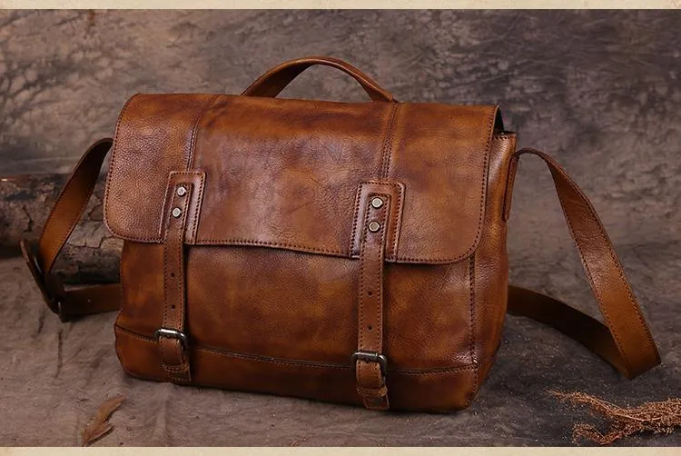 Vintage Mens Brown Leather Briefcase Messenger Bag Black Side Bag Work Bag for Men