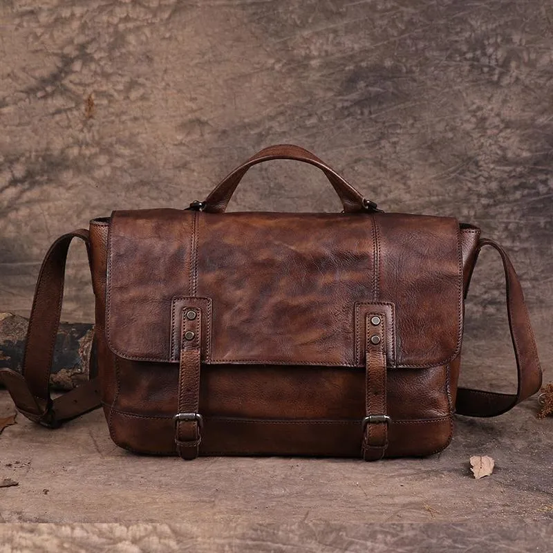Vintage Mens Brown Leather Briefcase Messenger Bag Black Side Bag Work Bag for Men