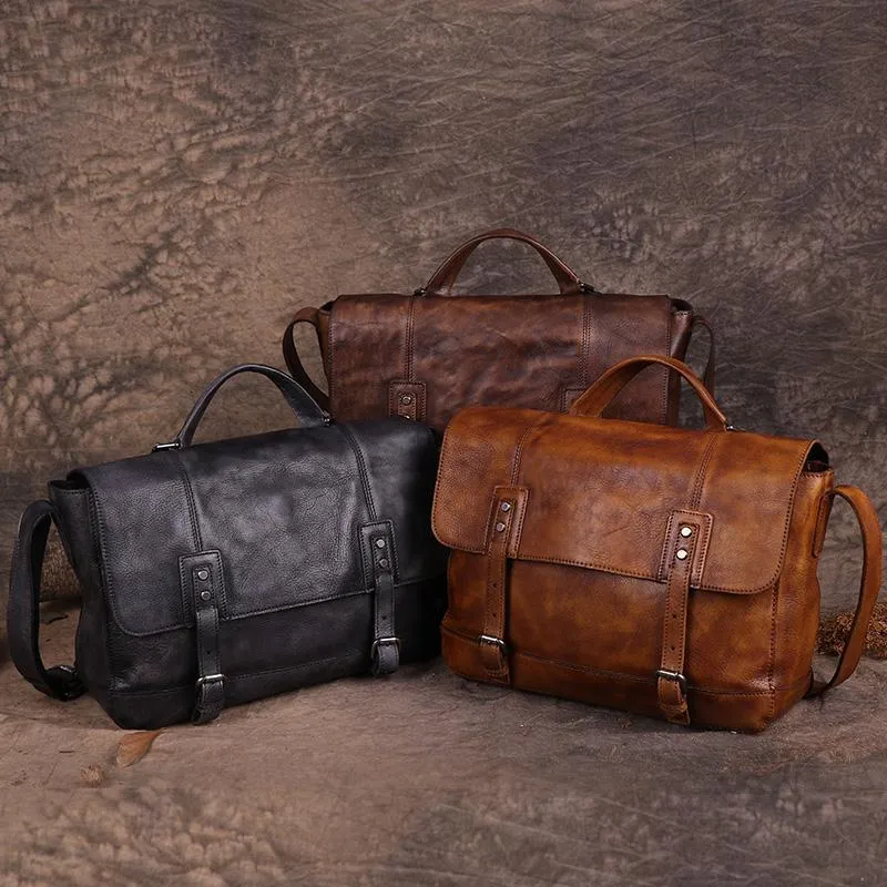 Vintage Mens Brown Leather Briefcase Messenger Bag Black Side Bag Work Bag for Men