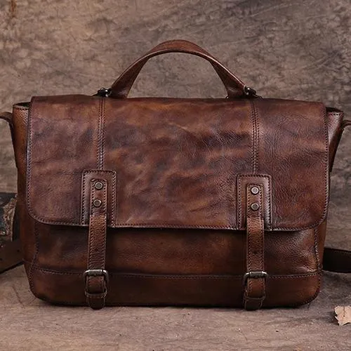 Vintage Mens Brown Leather Briefcase Messenger Bag Black Side Bag Work Bag for Men