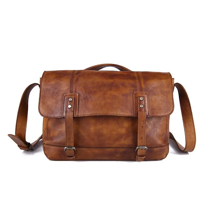 Vintage Mens Brown Leather Briefcase Messenger Bag Black Side Bag Work Bag for Men