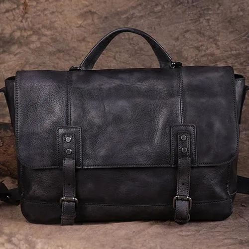 Vintage Mens Brown Leather Briefcase Messenger Bag Black Side Bag Work Bag for Men