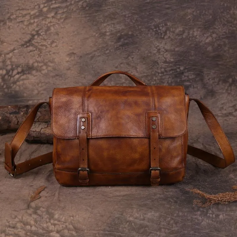 Vintage Mens Brown Leather Briefcase Messenger Bag Black Side Bag Work Bag for Men