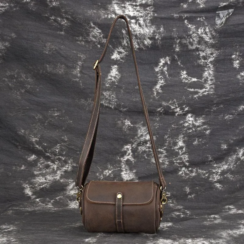 Vintage Mens Leather Barrel Side Bag Small Bucket Messenger Bag For Men