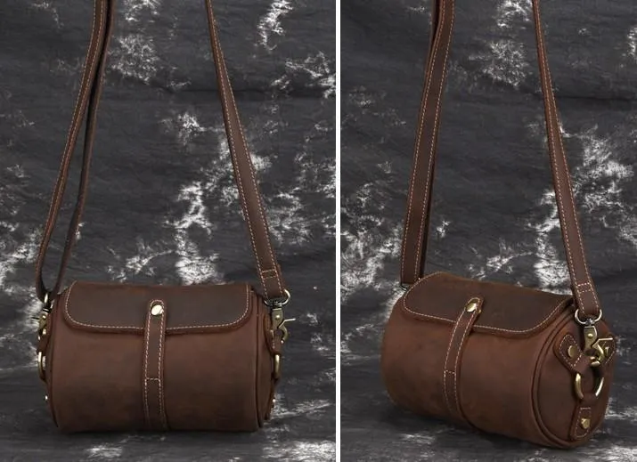 Vintage Mens Leather Barrel Side Bag Small Bucket Messenger Bag For Men