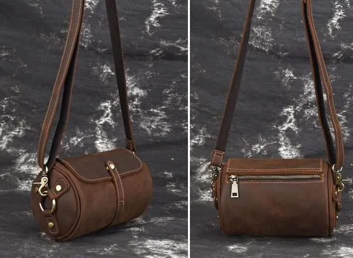 Vintage Mens Leather Barrel Side Bag Small Bucket Messenger Bag For Men