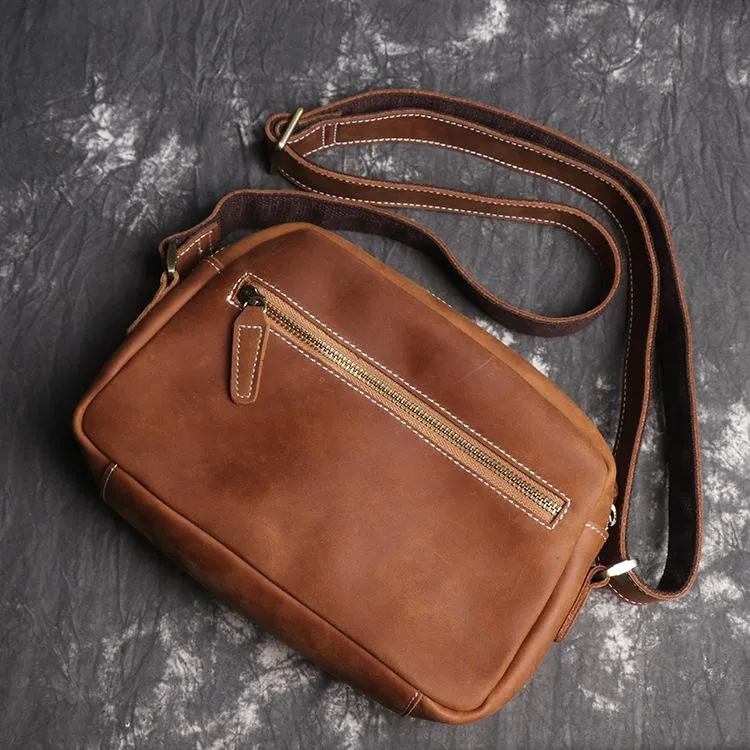 Vintage Small Brown Leather Men's Side Bag Black Courier Bag Messenger Bag For Men