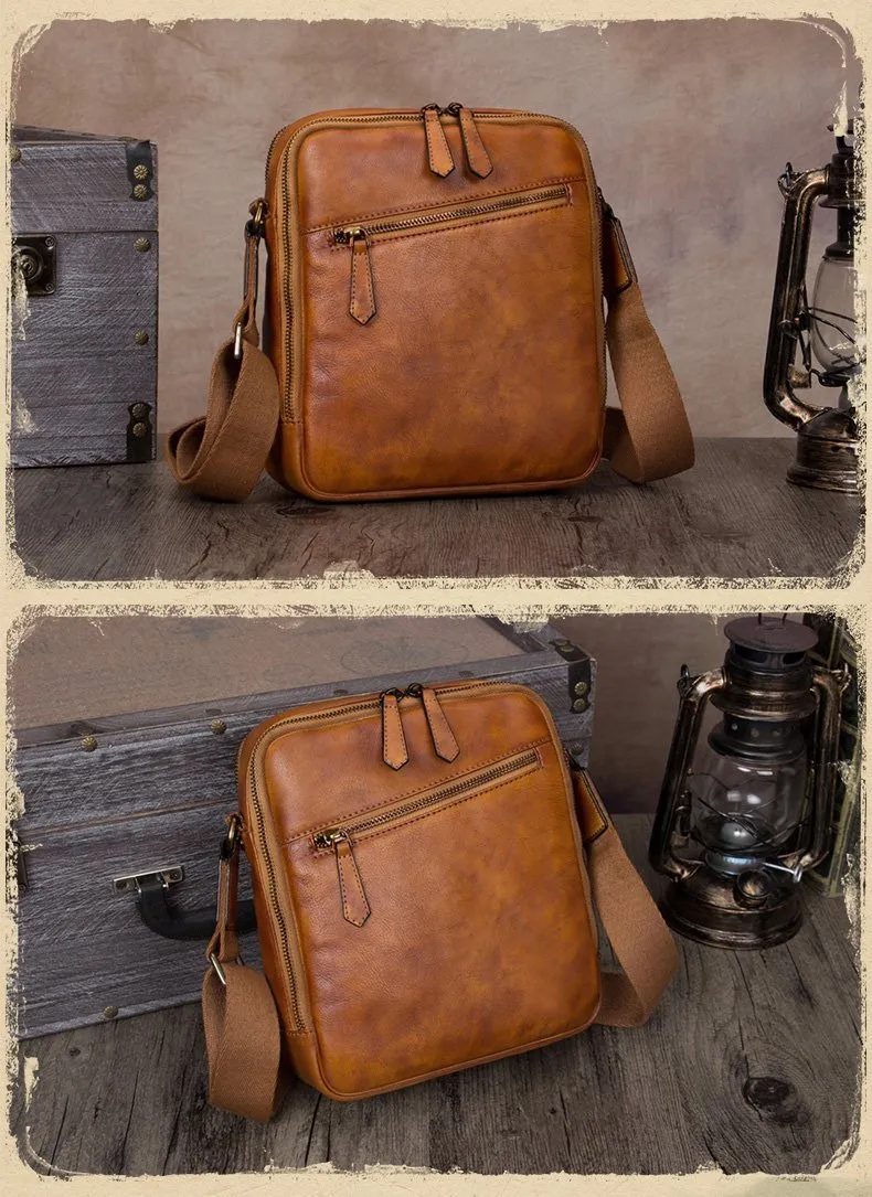 Vintage Small Vertical Leather Brown Small Messenger Bag Black Side Bag Courier Bag for Men
