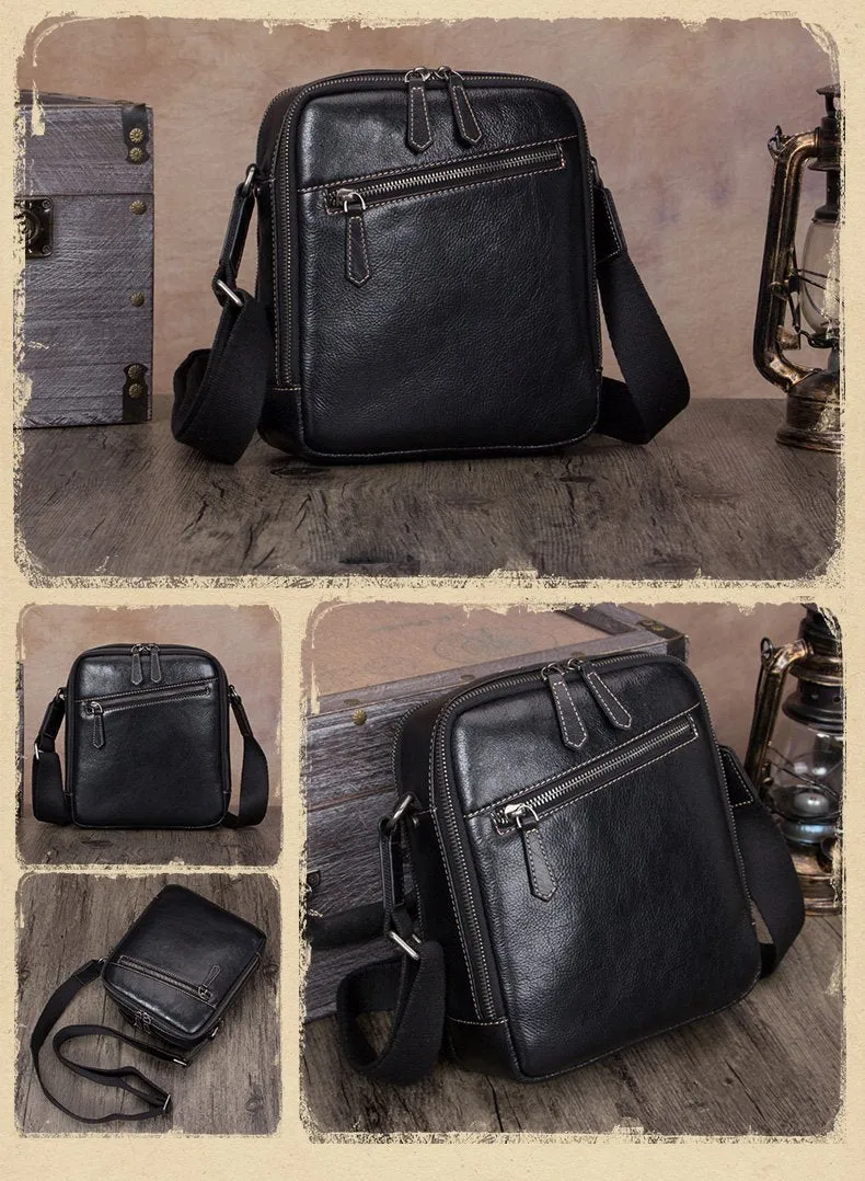 Vintage Small Vertical Leather Brown Small Messenger Bag Black Side Bag Courier Bag for Men