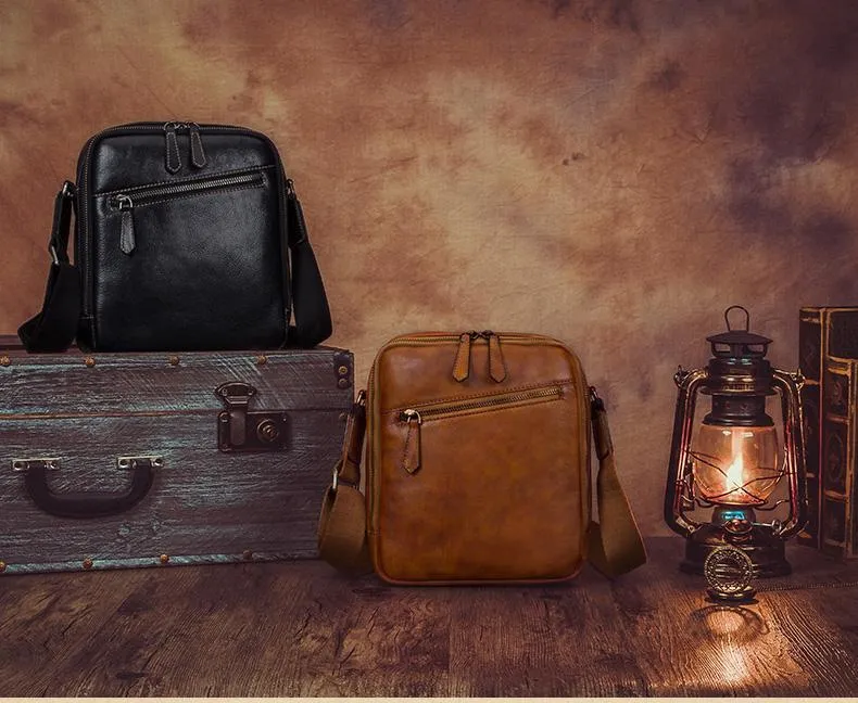 Vintage Small Vertical Leather Brown Small Messenger Bag Black Side Bag Courier Bag for Men