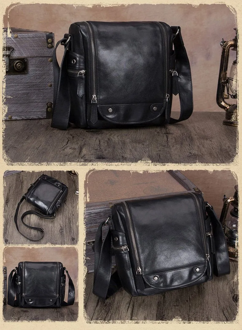 Vintage Small Vertical Leather Brown Small Messenger Bag Black Side Bag Courier Bag for Men