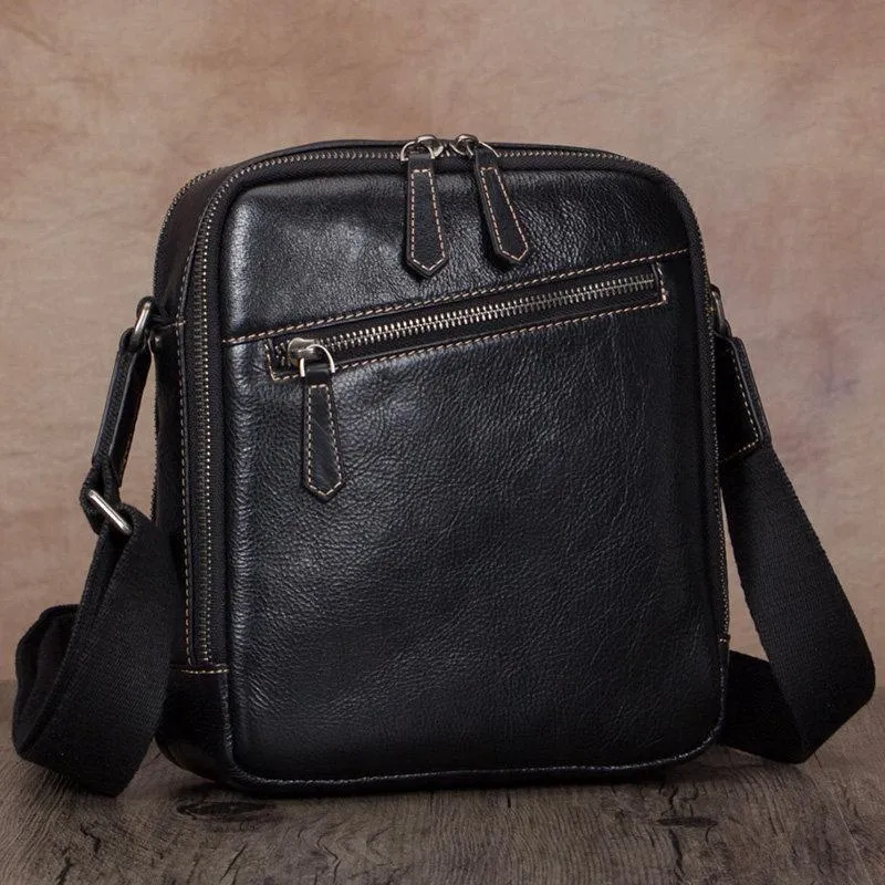 Vintage Small Vertical Leather Brown Small Messenger Bag Black Side Bag Courier Bag for Men