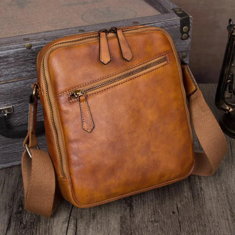 Vintage Small Vertical Leather Brown Small Messenger Bag Black Side Bag Courier Bag for Men