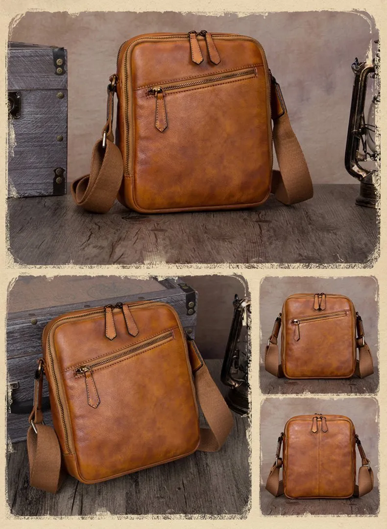 Vintage Small Vertical Leather Brown Small Messenger Bag Black Side Bag Courier Bag for Men