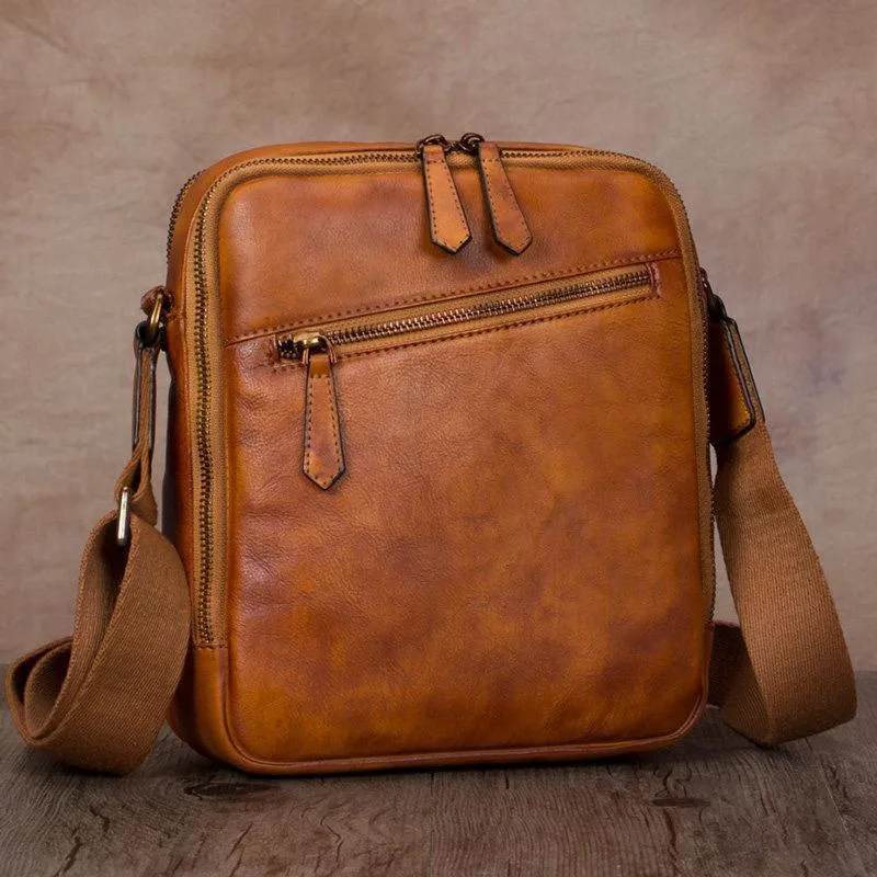 Vintage Small Vertical Leather Brown Small Messenger Bag Black Side Bag Courier Bag for Men