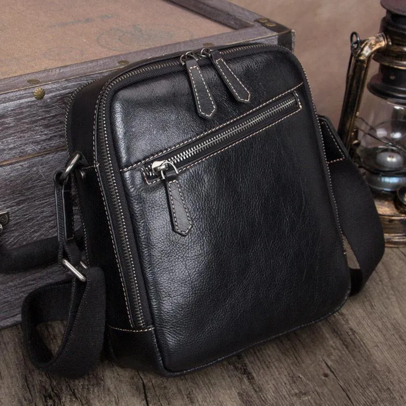 Vintage Small Vertical Leather Brown Small Messenger Bag Black Side Bag Courier Bag for Men
