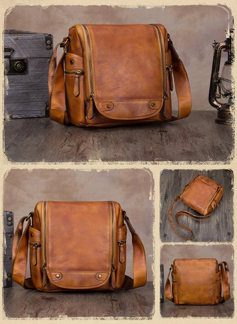 Vintage Small Vertical Leather Brown Small Messenger Bag Black Side Bag Courier Bag for Men