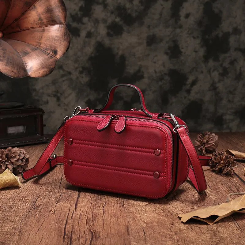 Vintage Small Womens Leather Red Handbag Cube Box Small Red Leather Shoulder Bag for Men