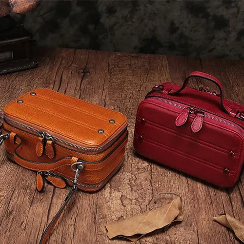 Vintage Small Womens Leather Red Handbag Cube Box Small Red Leather Shoulder Bag for Men
