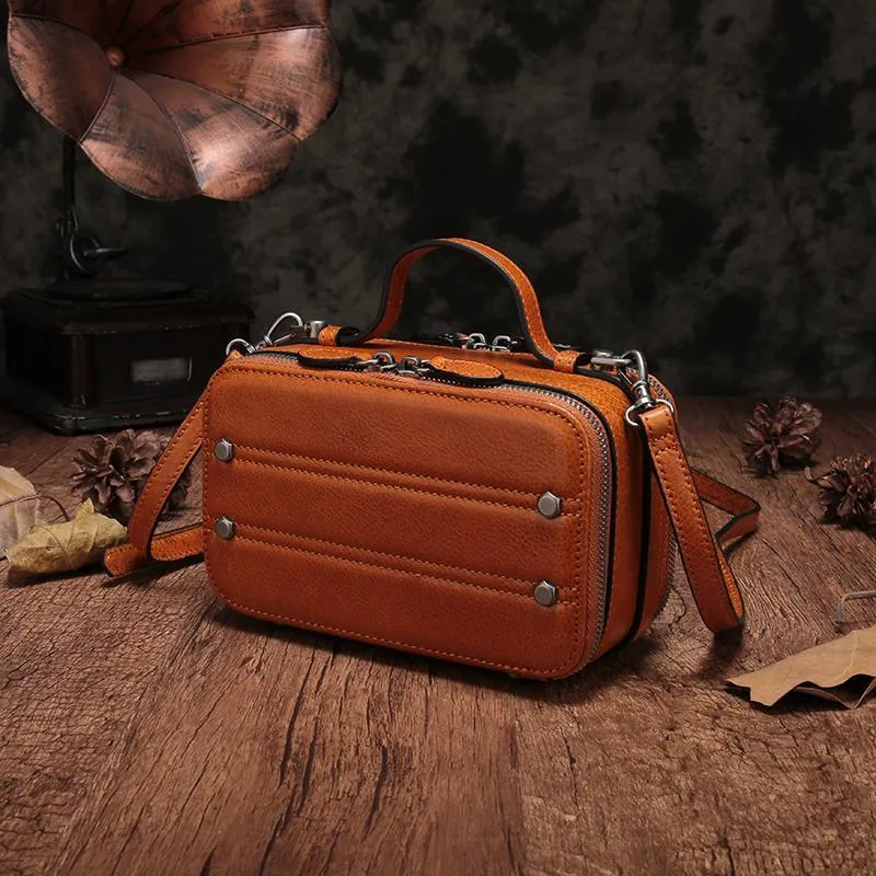 Vintage Small Womens Leather Red Handbag Cube Box Small Red Leather Shoulder Bag for Men