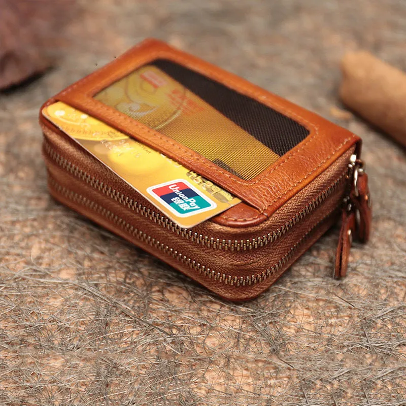 Vintage Women Brown Leather Card Holders Small Double Zip Card Wallet Small Wallet For Women