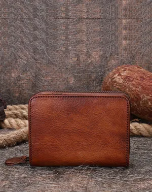 Vintage Women Brown Leather Small Wallet with Zip Around Card Holders Bifold Small Wallet Billfold For Women