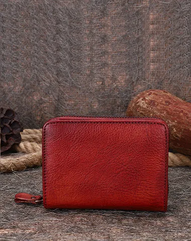 Vintage Women Leather Small Wallet with Zip Around Card Holders Bifold Small Wallet Billfold For Women