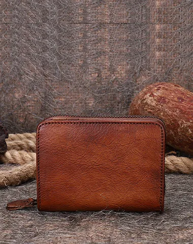 Vintage Women Leather Small Wallet with Zip Around Card Holders Bifold Small Wallet Billfold For Women