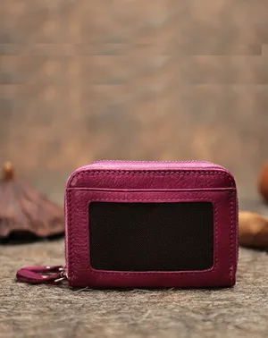 Vintage Women Purple Leather Card Holders Small Double Zip Card Wallet Small Wallet For Women
