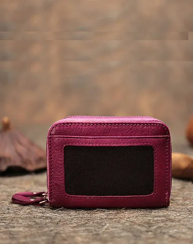 Vintage Women Purple Leather Card Holders Small Double Zip Card Wallet Small Wallet For Women