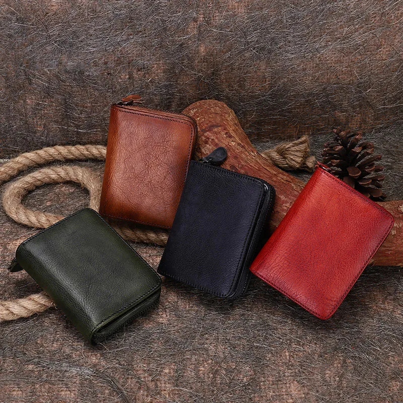 Vintage Women Red Leather Small Wallet with Zip Around Card Holders Bifold Small Wallet Billfold For Women