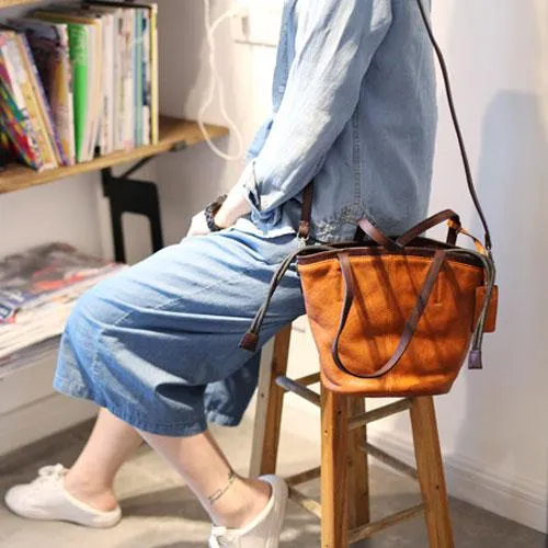 Vintage Womens Brown Leather Barrel Handbag Drawstring Bucket Bag Tan Bucket Shoulder Bag