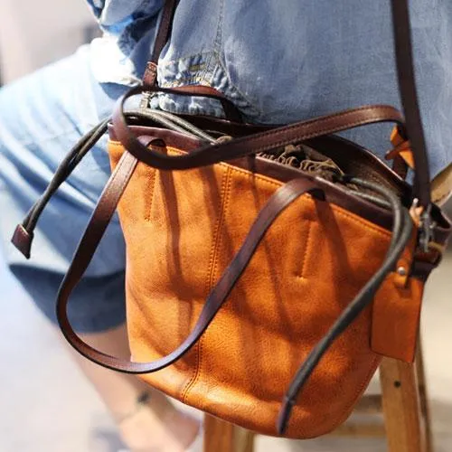 Vintage Womens Brown Leather Barrel Handbag Drawstring Bucket Bag Tan Bucket Shoulder Bag