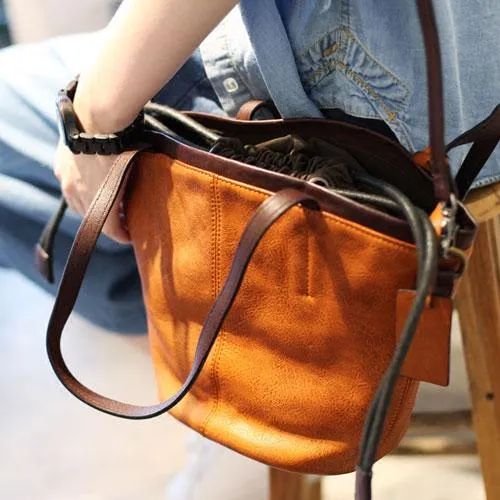 Vintage Womens Brown Leather Barrel Handbag Drawstring Bucket Bag Tan Bucket Shoulder Bag