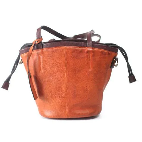 Vintage Womens Brown Leather Barrel Handbag Drawstring Bucket Bag Tan Bucket Shoulder Bag