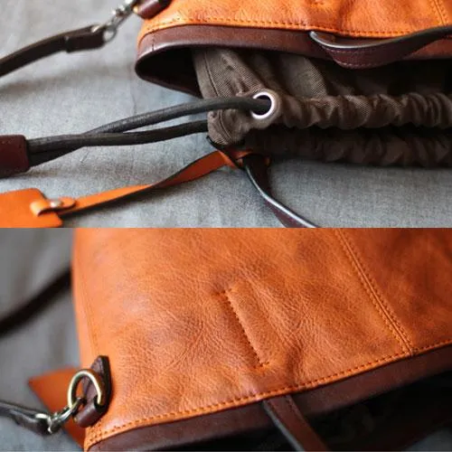 Vintage Womens Brown Leather Barrel Handbag Drawstring Bucket Bag Tan Bucket Shoulder Bag