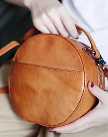 Vintage Womens Brown leather Circle Handbag Shoulder Bag Black Round Leather Crossbody Bag Side Purse
